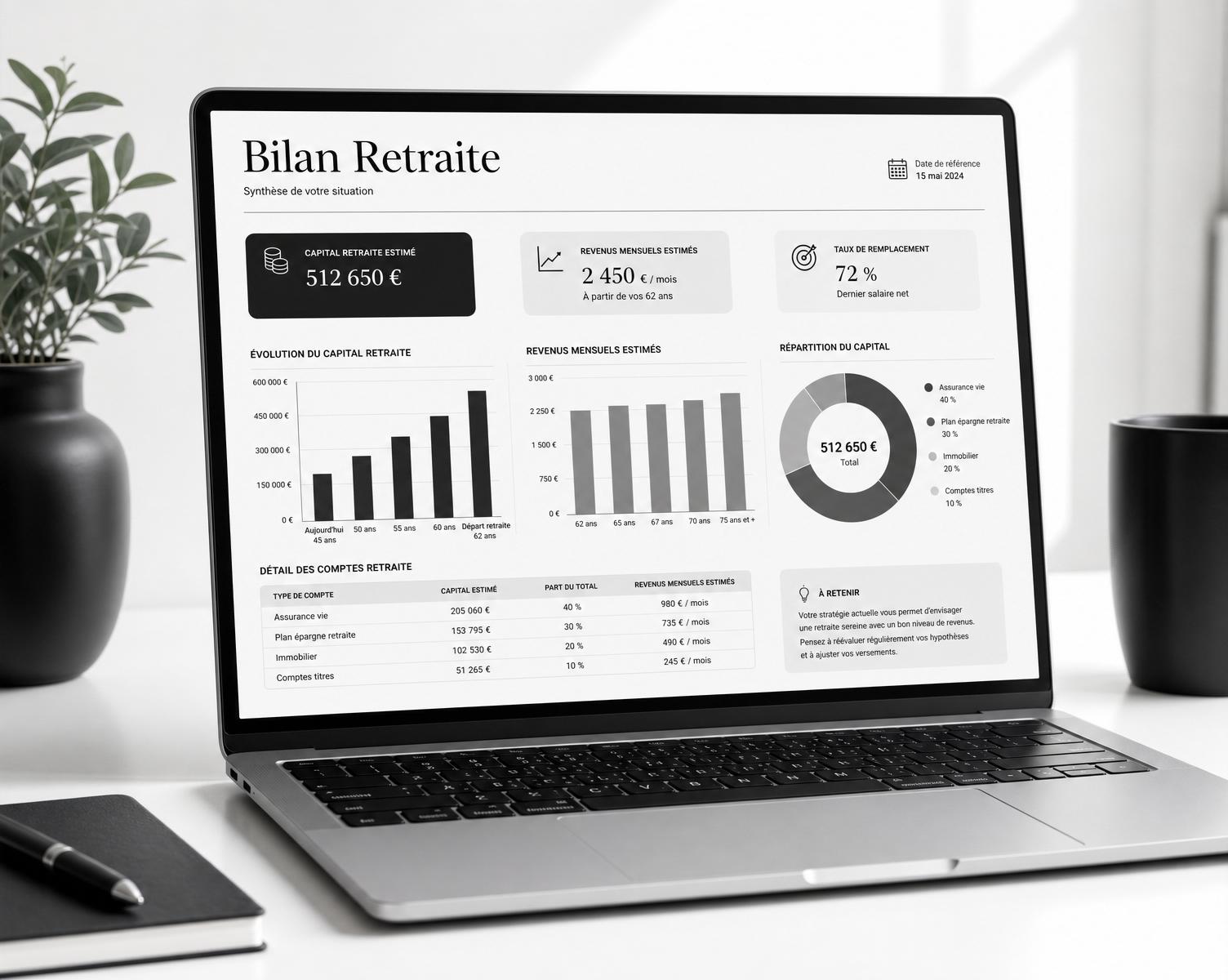 Bilan retraite personnalisé affiché sur ordinateur